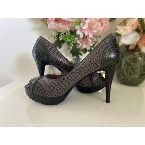 Nine West High Heels 3 Tone Faux Alligator Skin Open Toe 8.5 M Platform Sexy EUC
